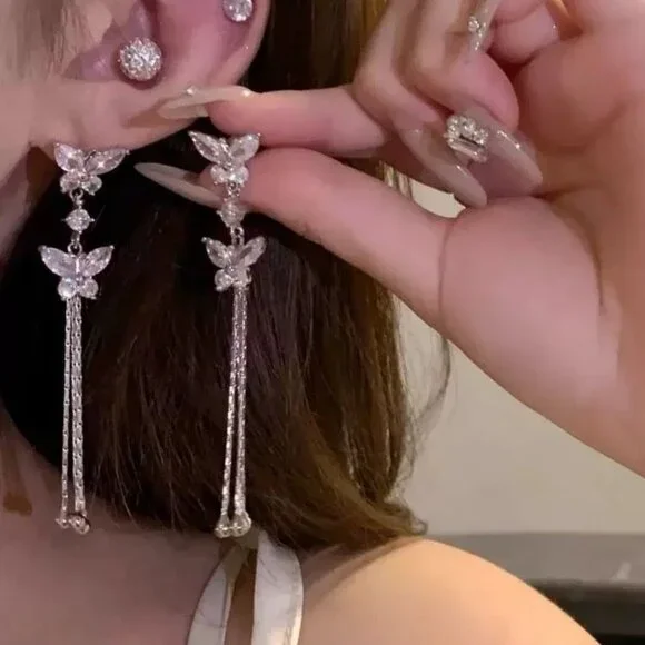 Sweet Diamond Butterfly Long Chain Tassel Earrings - Picture 3 of 6
